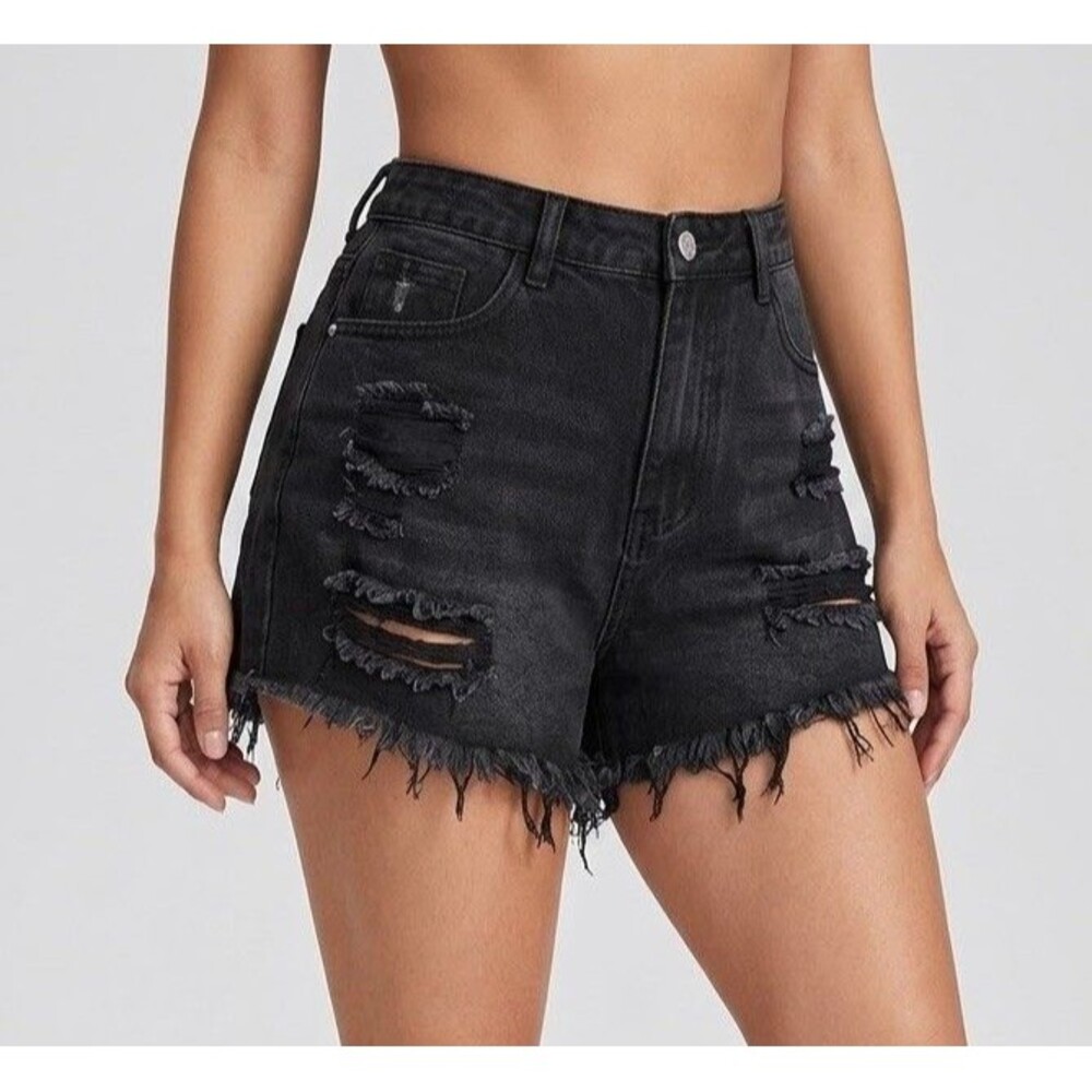 SHEIN Black Distressed Denim Shorts High Waisted Ripped Raw Hem Grunge Y2K L